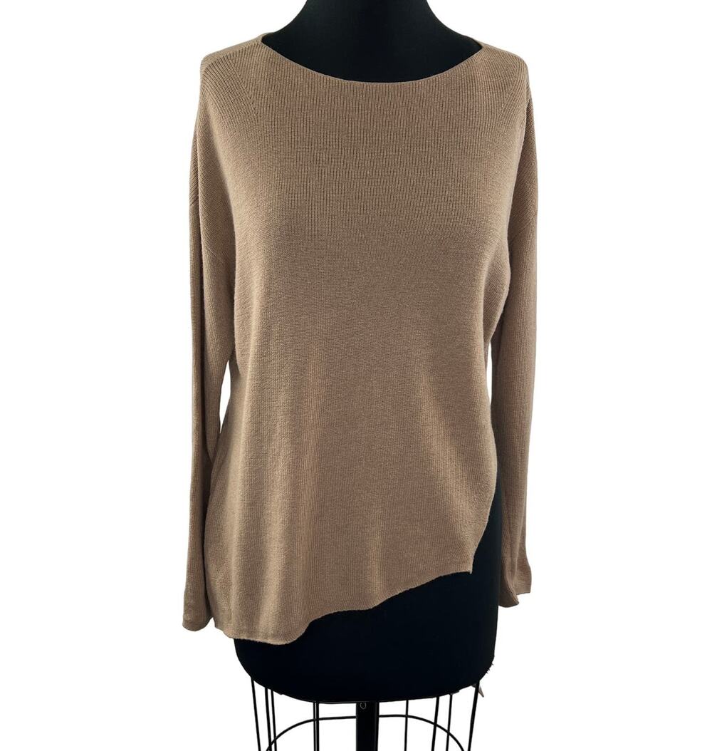 EILEEN FISHER Tan Camel Merino Wool Wide Neck Asymmetrical Pullover Sweater PS